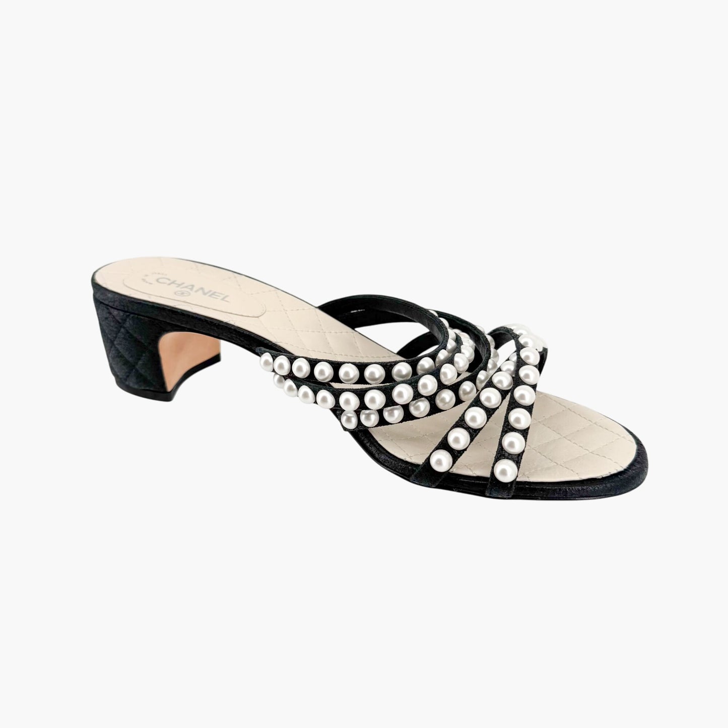 Chanel Pearl-Embellished Quilted Mule Sandals in Black & White Leather Size 40