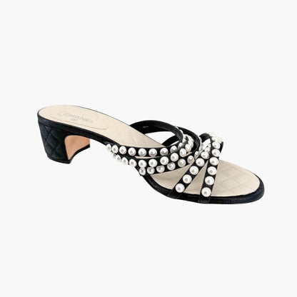 Chanel Pearl-Embellished Quilted Mule Sandals in Black & White Leather Size 40