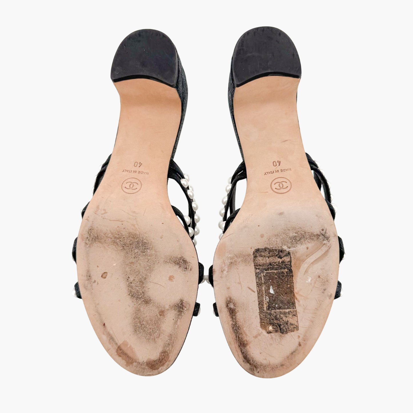 Chanel Pearl-Embellished Quilted Mule Sandals in Black & White Leather Size 40