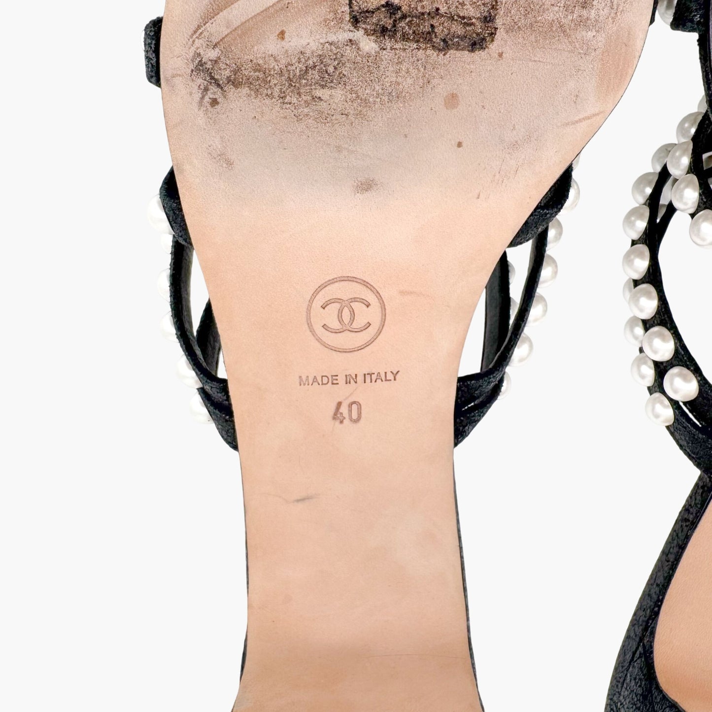 Chanel Pearl-Embellished Quilted Mule Sandals in Black & White Leather Size 40