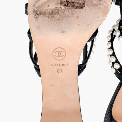 Chanel Pearl-Embellished Quilted Mule Sandals in Black & White Leather Size 40