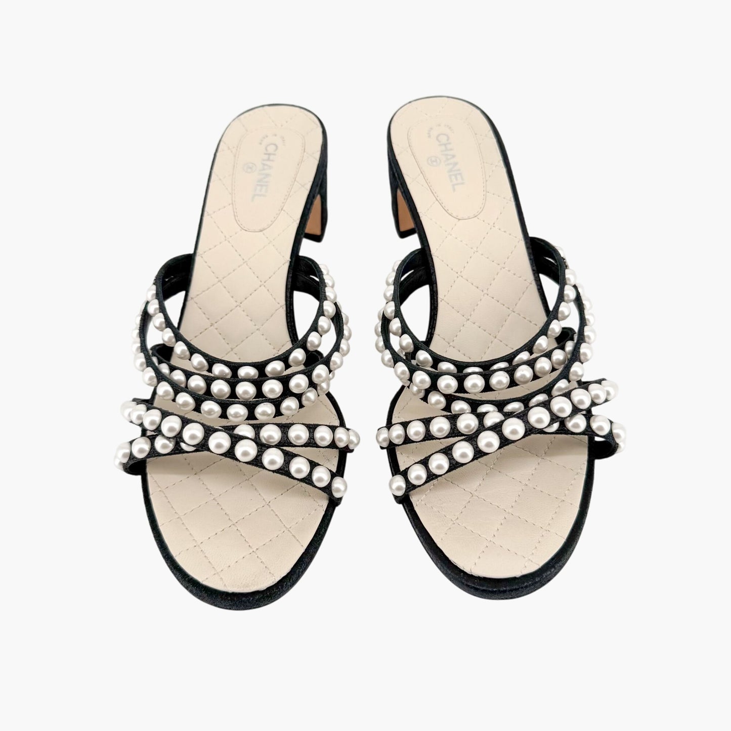 Chanel Pearl-Embellished Quilted Mule Sandals in Black & White Leather Size 40