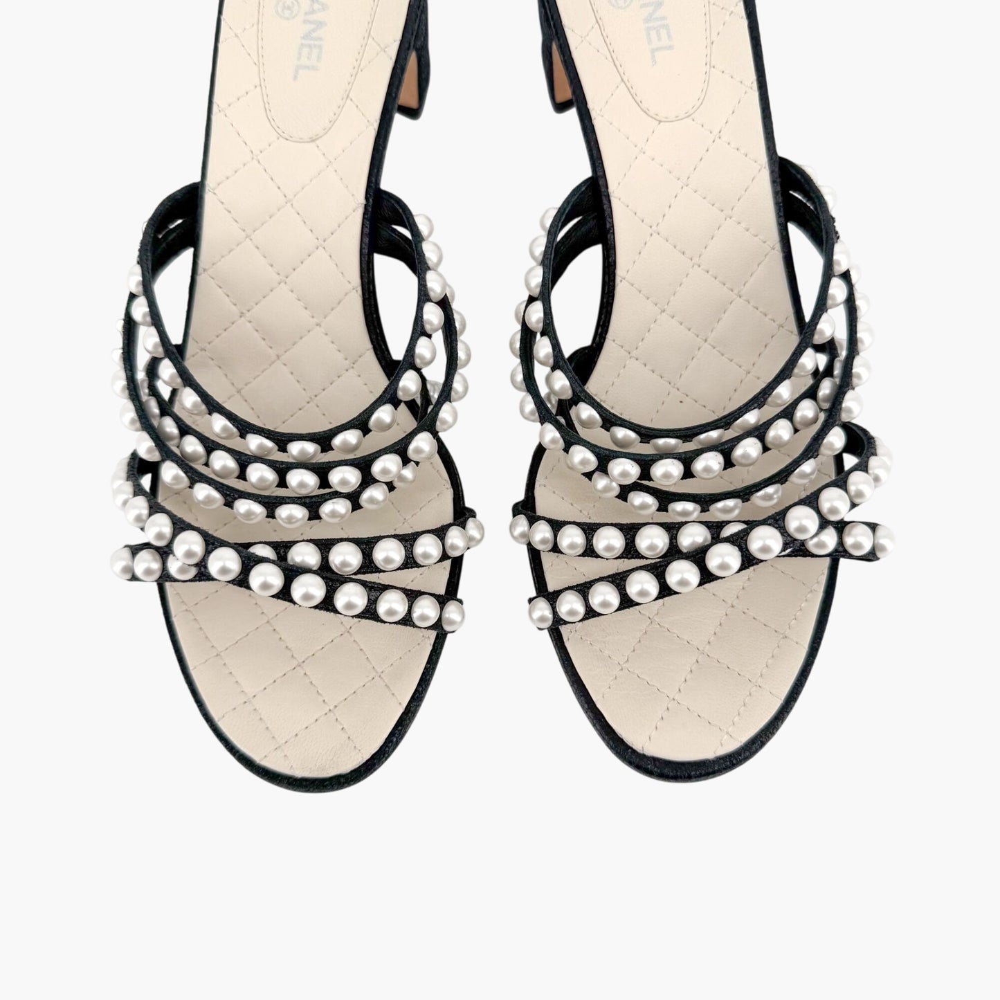 Chanel Pearl-Embellished Quilted Mule Sandals in Black & White Leather Size 40