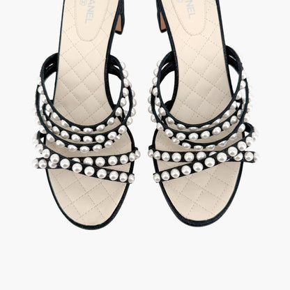 Chanel Pearl-Embellished Quilted Mule Sandals in Black & White Leather Size 40