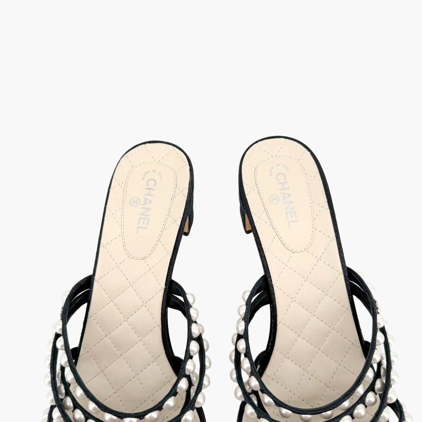 Chanel Pearl-Embellished Quilted Mule Sandals in Black & White Leather Size 40