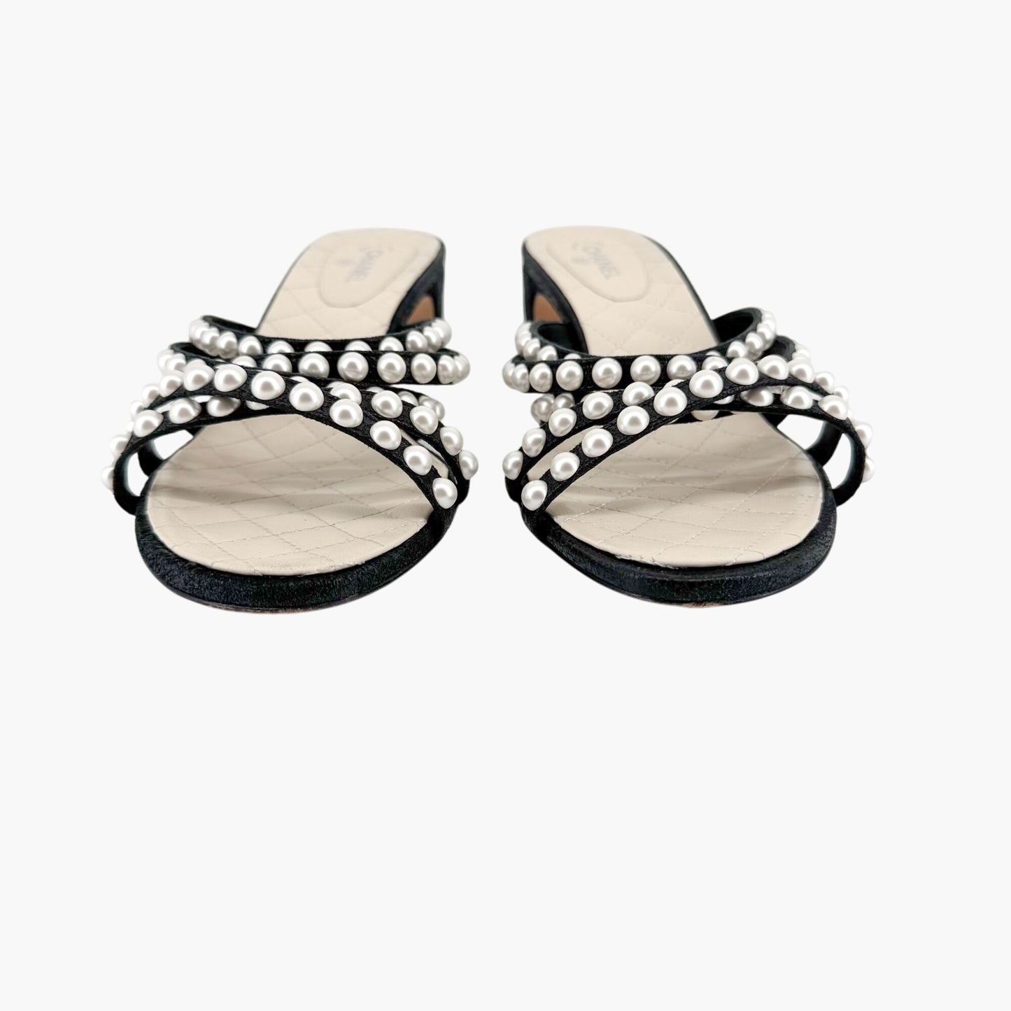 Chanel Pearl-Embellished Quilted Mule Sandals in Black & White Leather Size 40