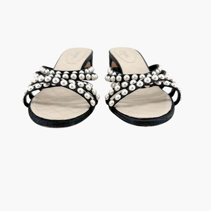 Chanel Pearl-Embellished Quilted Mule Sandals in Black & White Leather Size 40