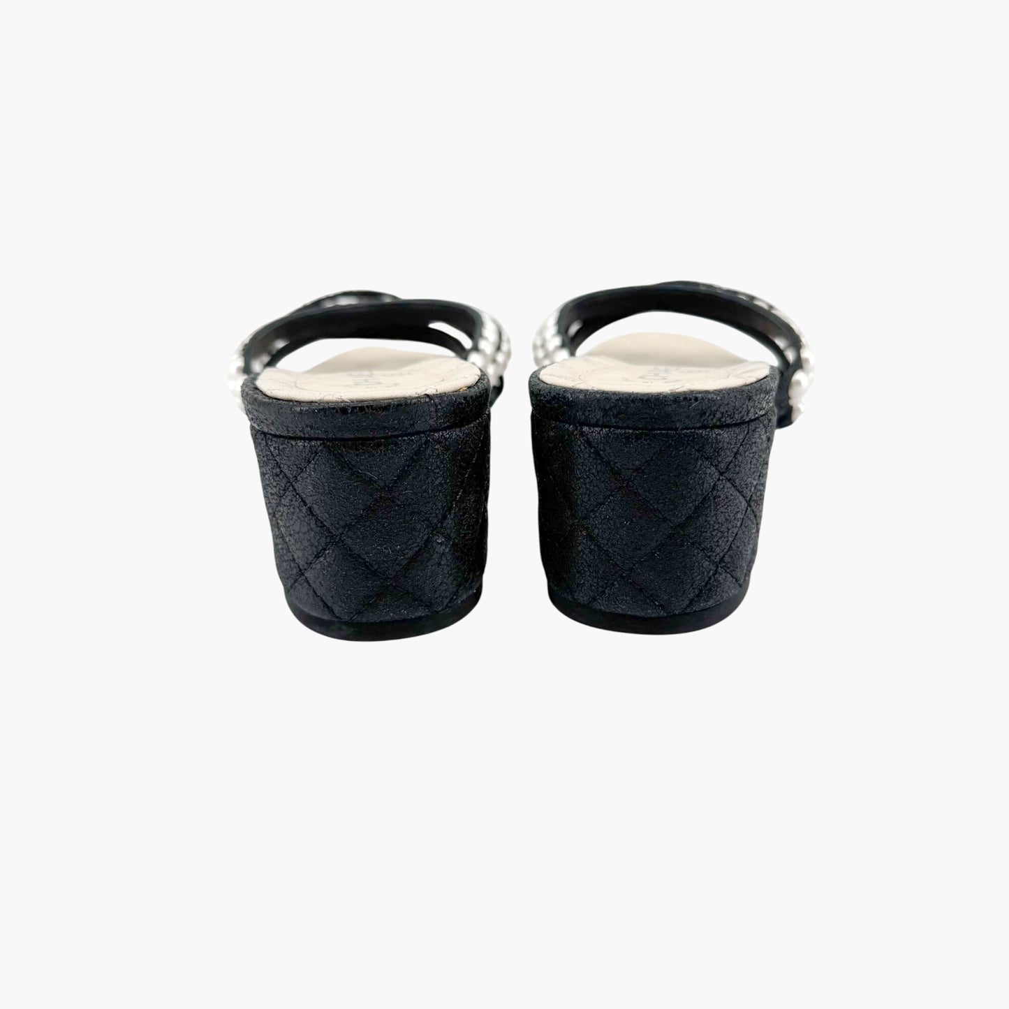 Chanel Pearl-Embellished Quilted Mule Sandals in Black & White Leather Size 40
