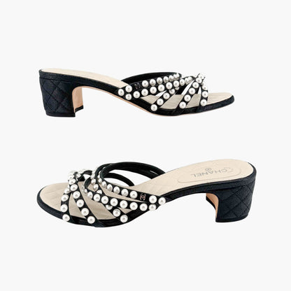 Chanel Pearl-Embellished Quilted Mule Sandals in Black & White Leather Size 40