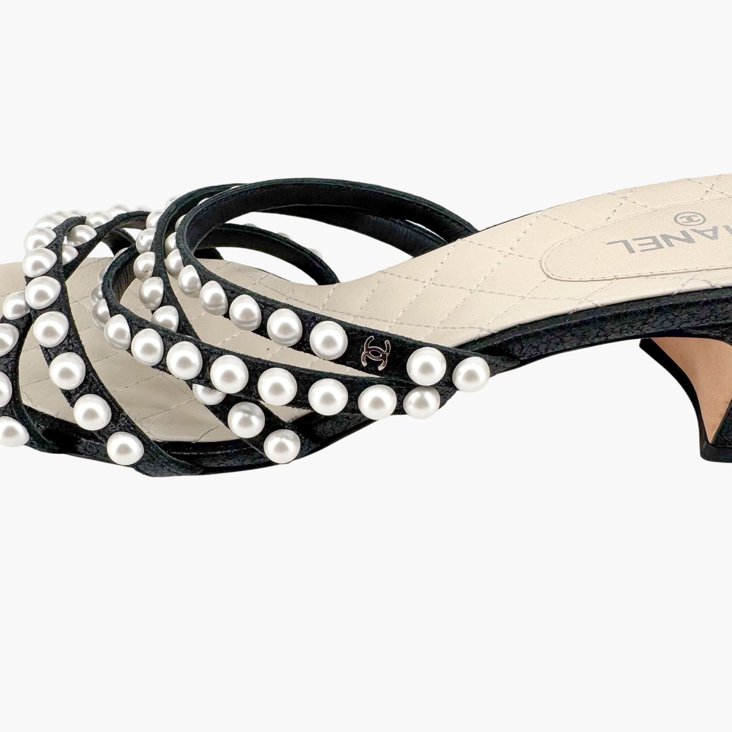 Chanel Pearl-Embellished Quilted Mule Sandals in Black & White Leather Size 40