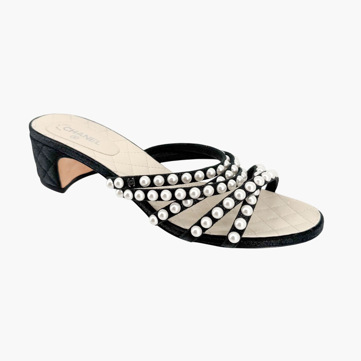 Chanel Pearl-Embellished Quilted Mule Sandals in Black & White Leather Size 40