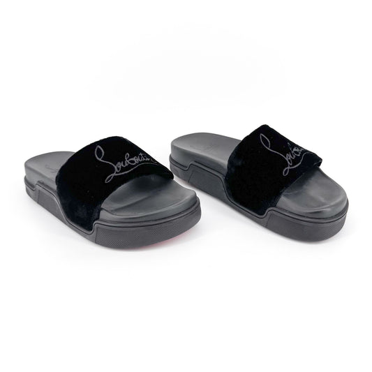 Christian Louboutin "Navy Pool" Logo Embroidered Slide Sandals in Black Velvet Size 37