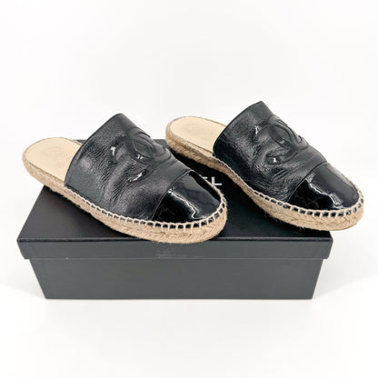 Chanel CC Espadrille Mule Flats in Black Leather Size 37