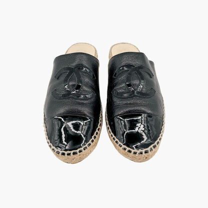 Chanel CC Espadrille Mule Flats in Black Leather Size 37