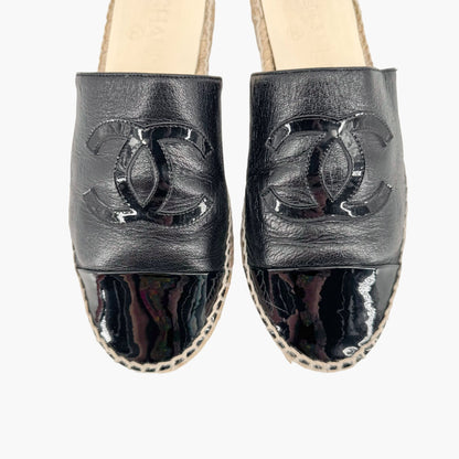 Chanel CC Espadrille Mule Flats in Black Leather Size 37