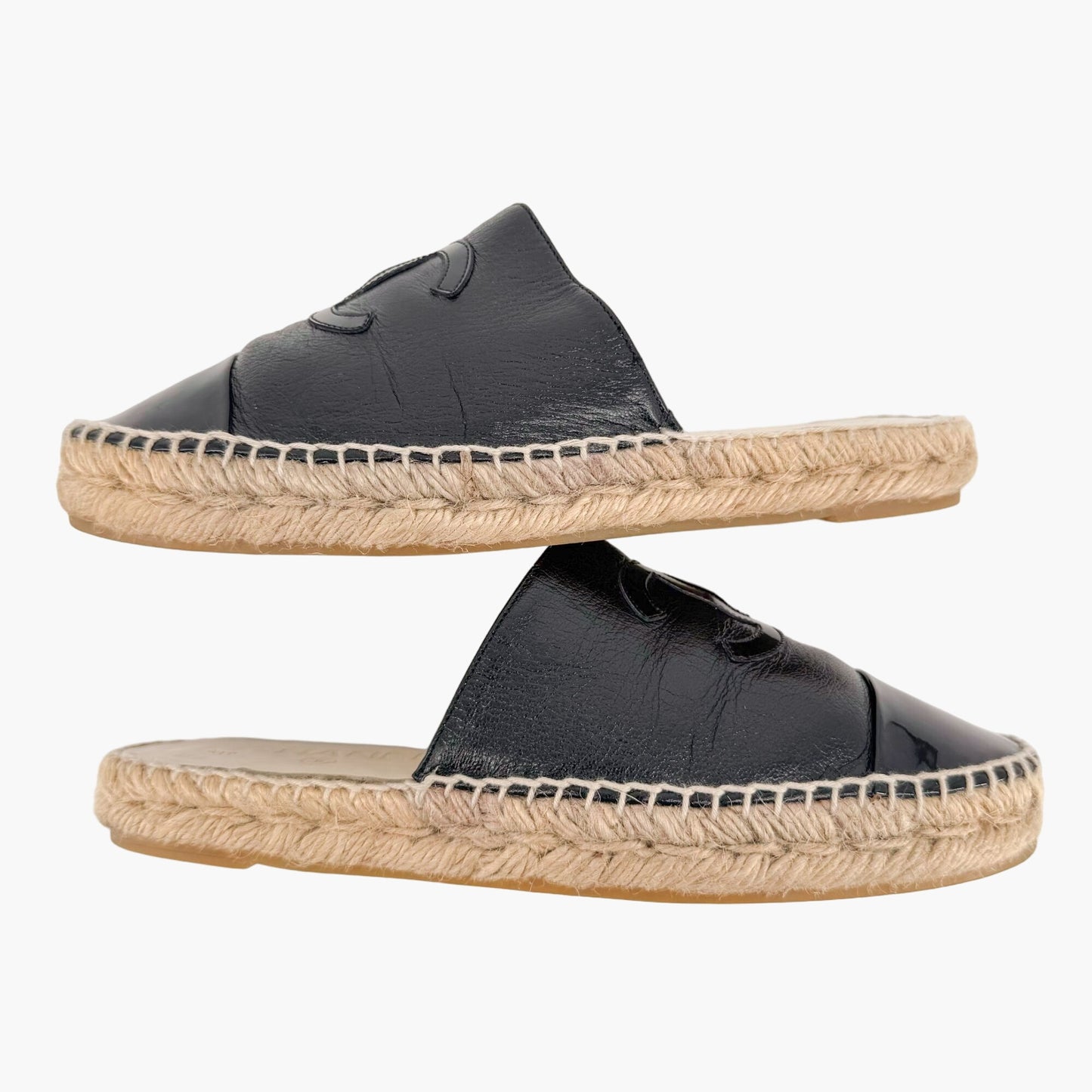 Chanel CC Espadrille Mule Flats in Black Leather Size 37