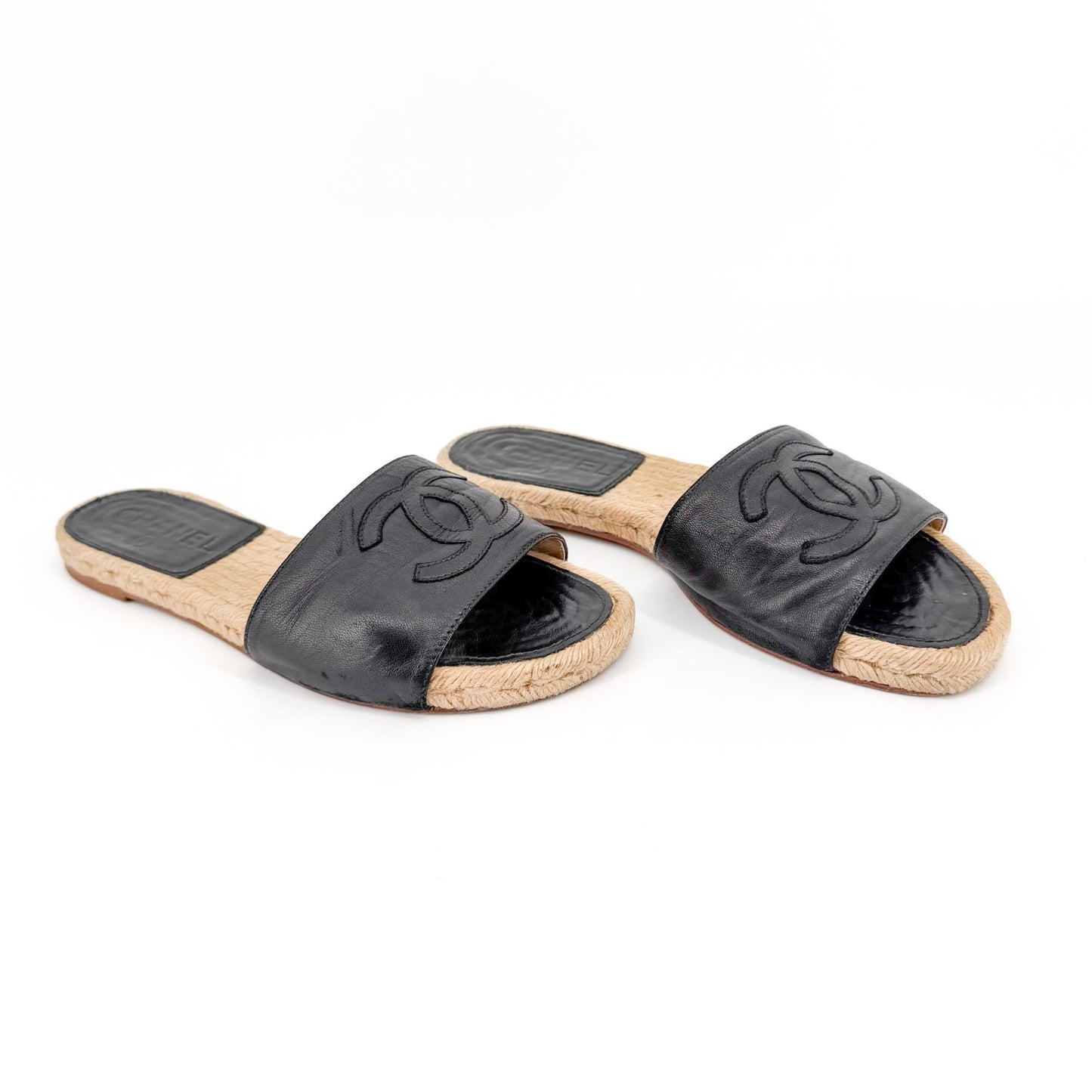 Chanel CC Black Leather Espadrille Slide Sandals Size 38
