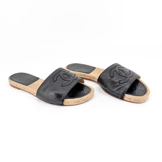 Chanel CC Black Leather Espadrille Slide Sandals Size 38