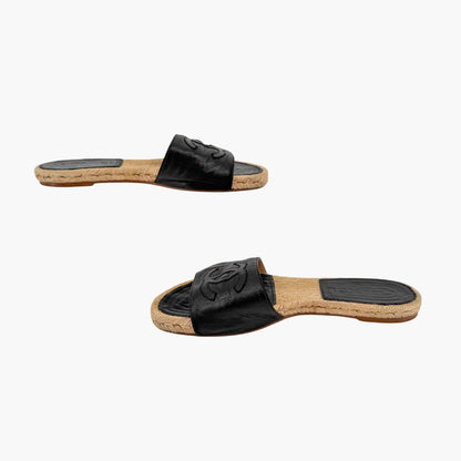 Chanel CC Black Leather Espadrille Slide Sandals Size 38