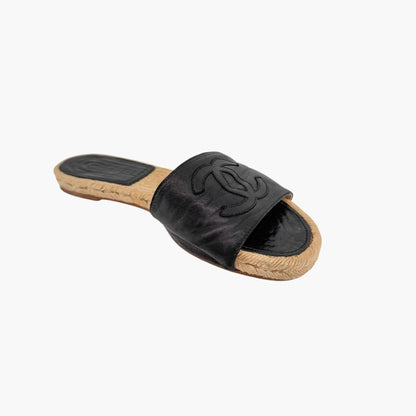 Chanel CC Black Leather Espadrille Slide Sandals Size 38