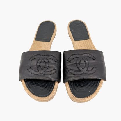 Chanel CC Black Leather Espadrille Slide Sandals Size 38