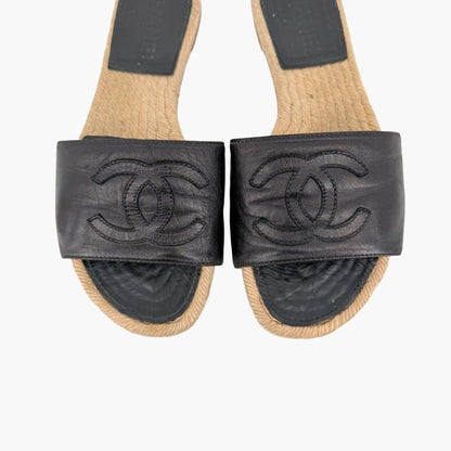 Chanel CC Black Leather Espadrille Slide Sandals Size 38