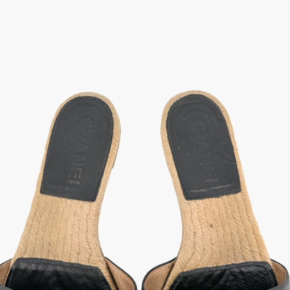 Chanel CC Black Leather Espadrille Slide Sandals Size 38