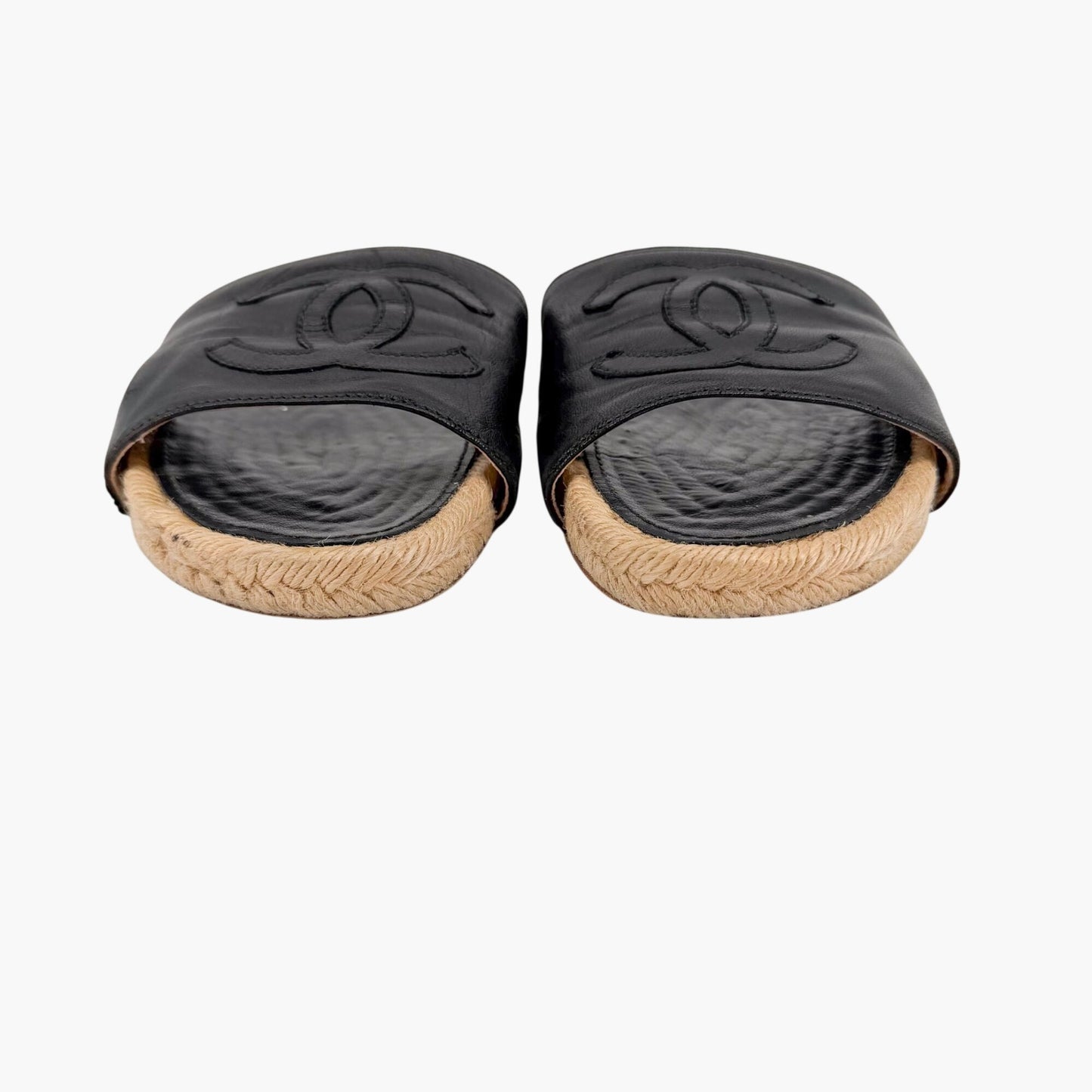 Chanel CC Black Leather Espadrille Slide Sandals Size 38