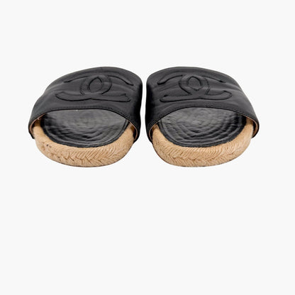 Chanel CC Black Leather Espadrille Slide Sandals Size 38