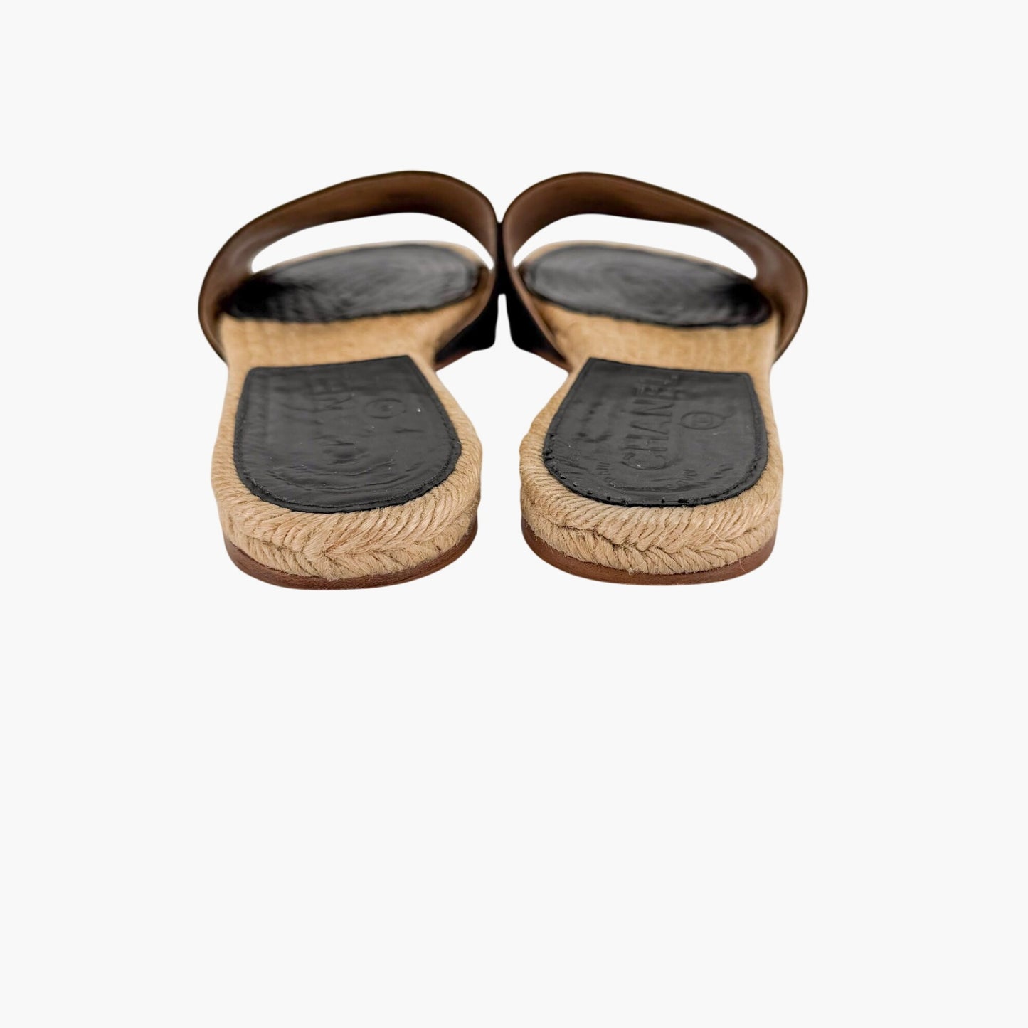 Chanel CC Black Leather Espadrille Slide Sandals Size 38