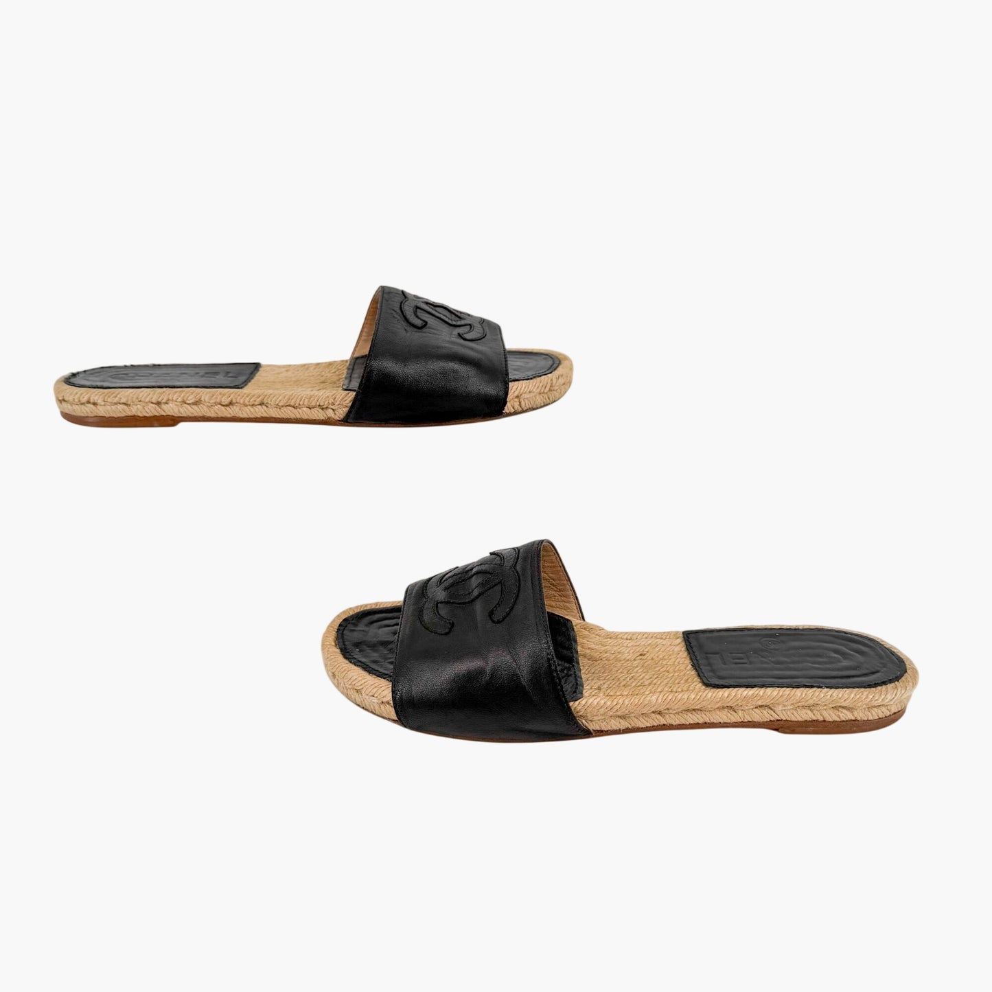 Chanel CC Black Leather Espadrille Slide Sandals Size 38