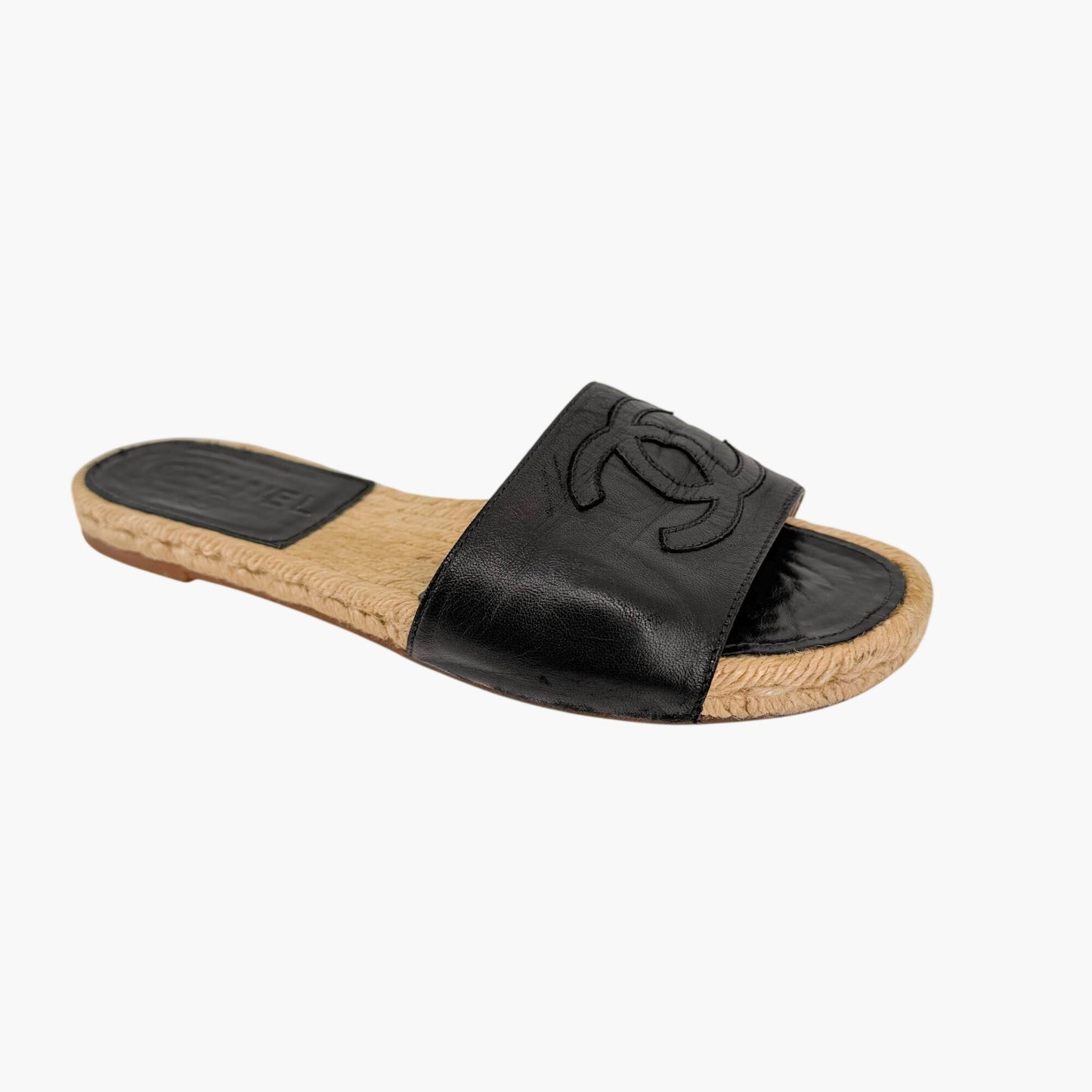 Chanel CC Black Leather Espadrille Slide Sandals Size 38