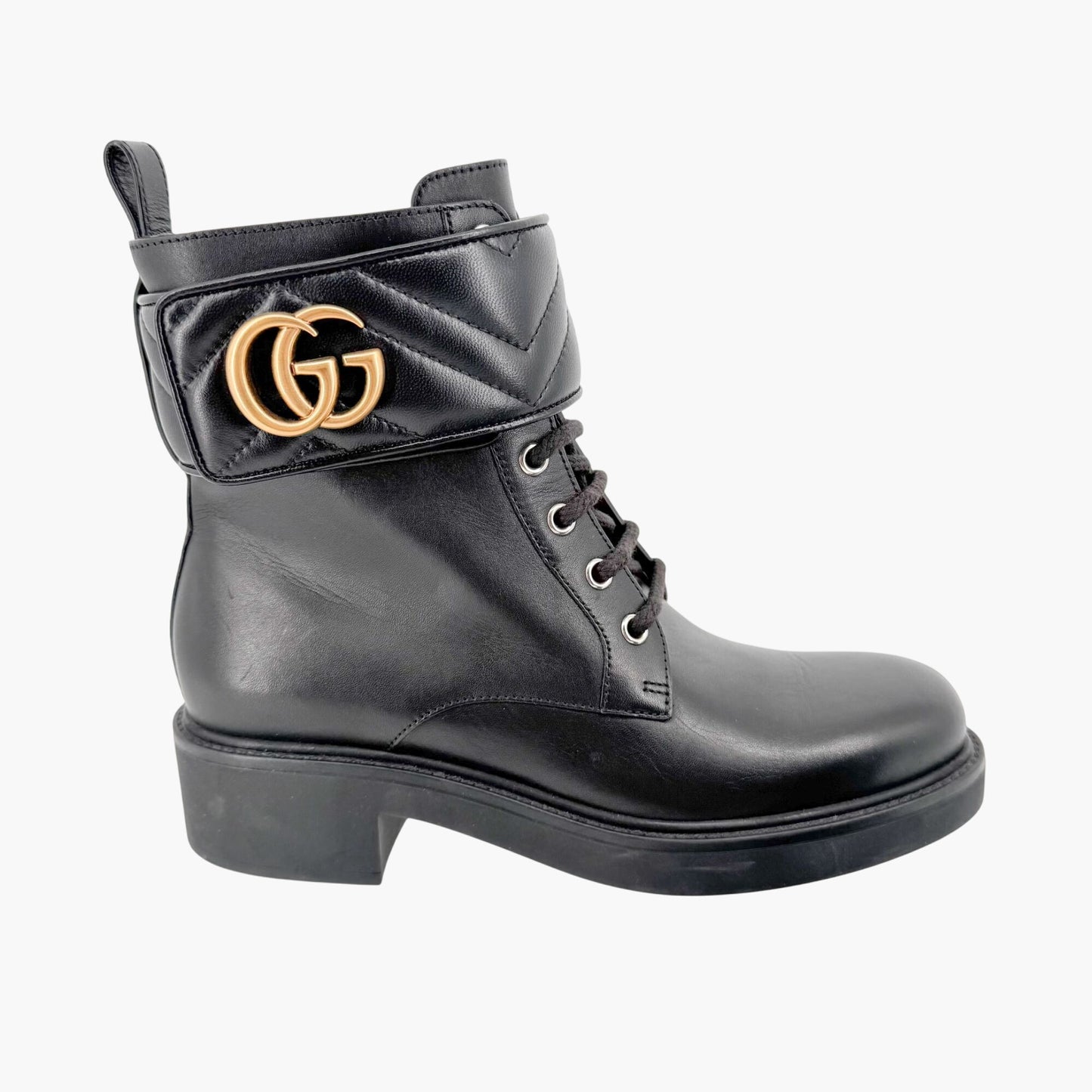 Gucci Marmont GG Lace Up Combat Boots in Black Leather Size 37