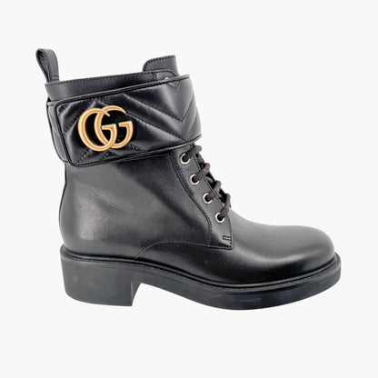 Gucci Marmont GG Lace Up Combat Boots in Black Leather Size 37