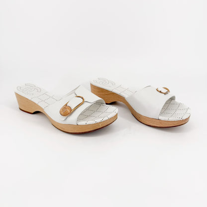 Chanel CC Wooden Platform Mule Sandals in White Leather Size 38