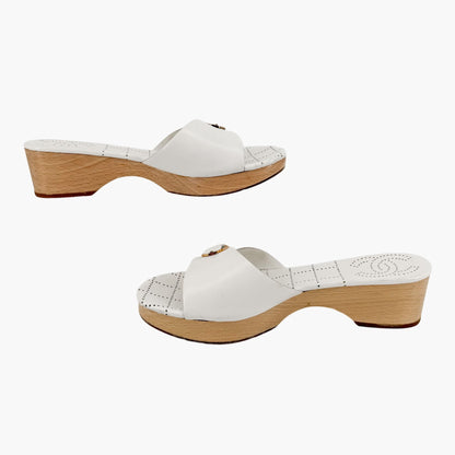 Chanel CC Wooden Platform Mule Sandals in White Leather Size 38