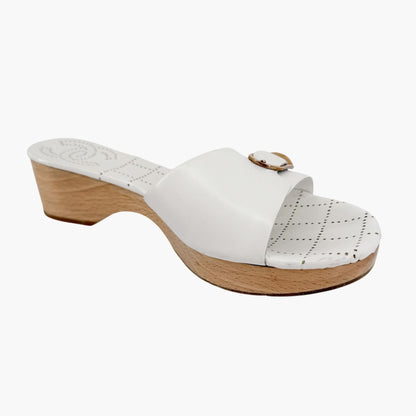 Chanel CC Wooden Platform Mule Sandals in White Leather Size 38