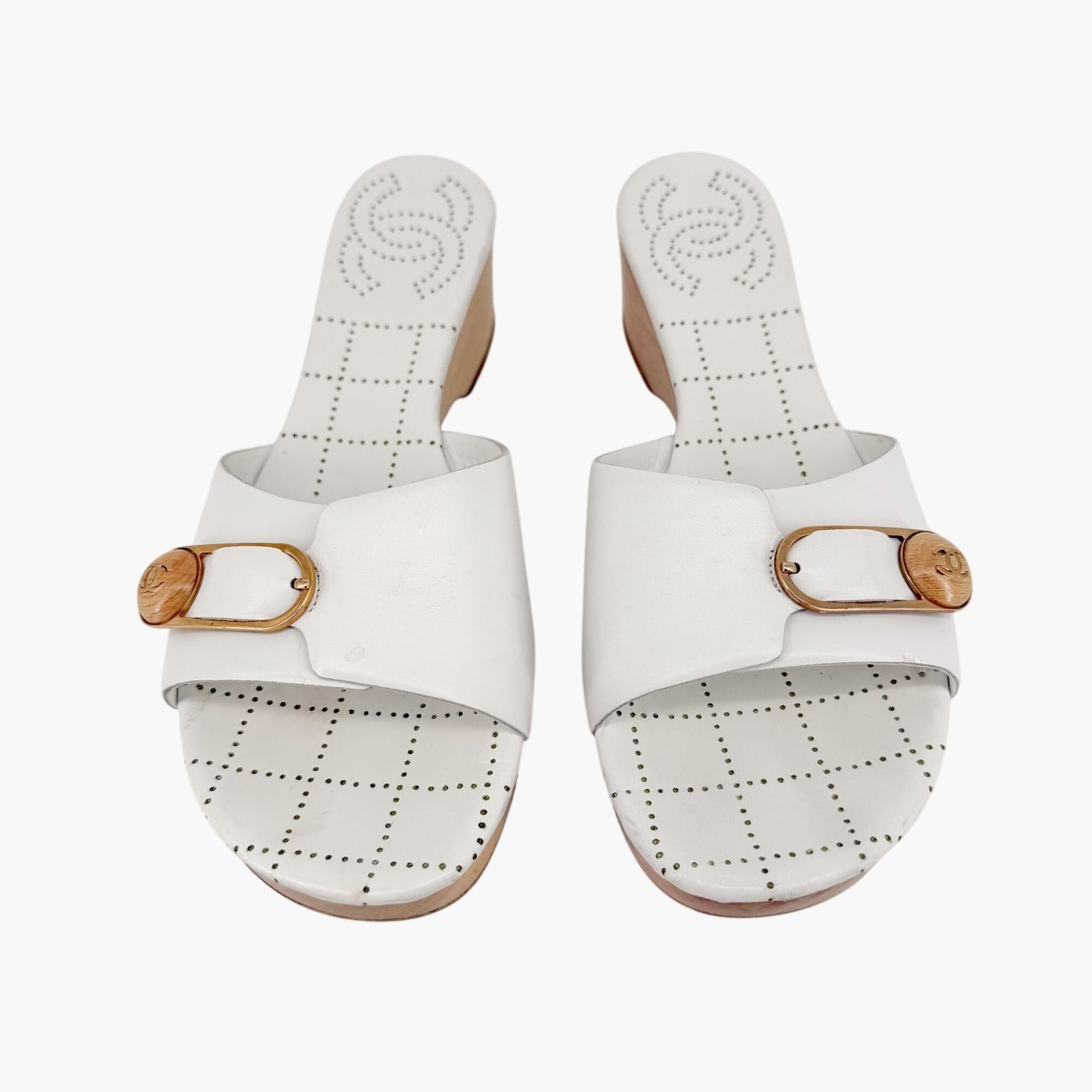 Chanel CC Wooden Platform Mule Sandals in White Leather Size 38