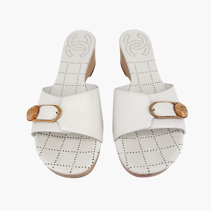 Chanel CC Wooden Platform Mule Sandals in White Leather Size 38