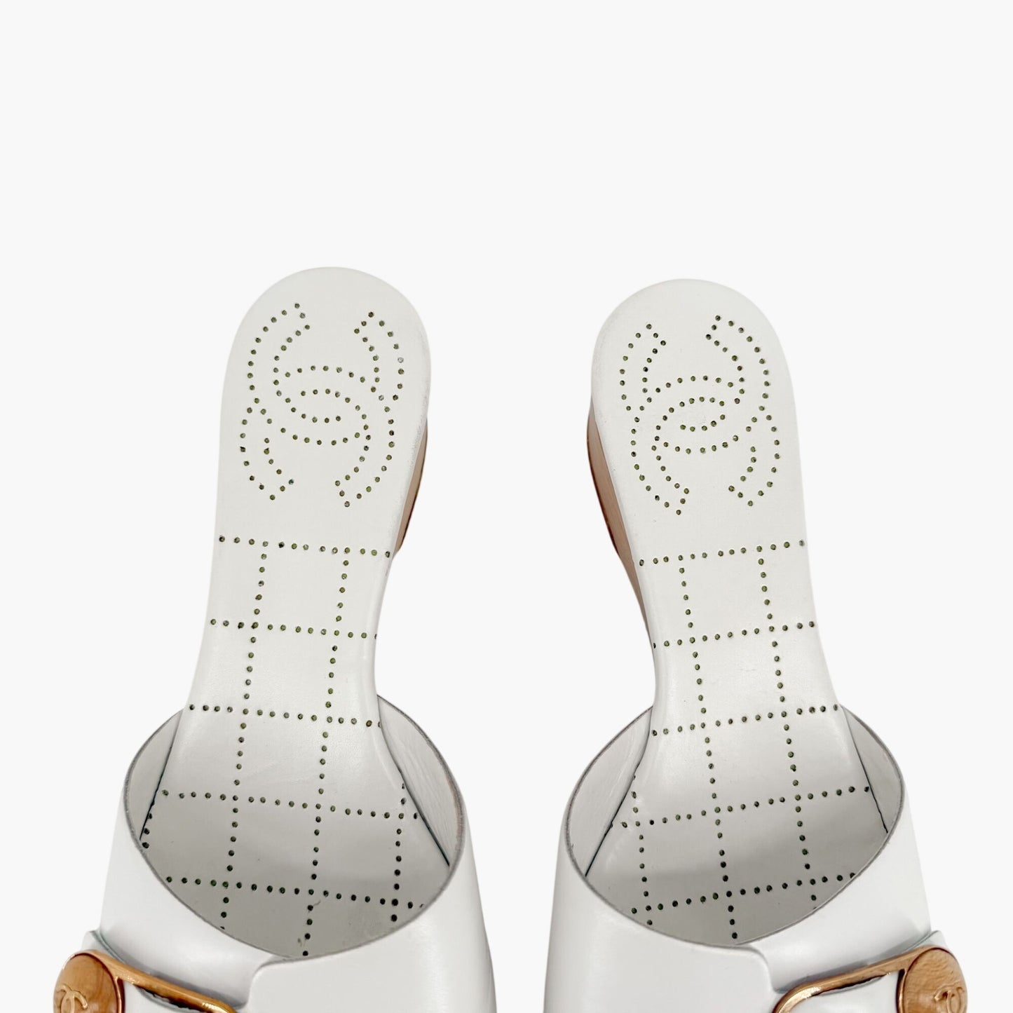 Chanel CC Wooden Platform Mule Sandals in White Leather Size 38