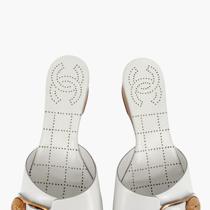 Chanel CC Wooden Platform Mule Sandals in White Leather Size 38