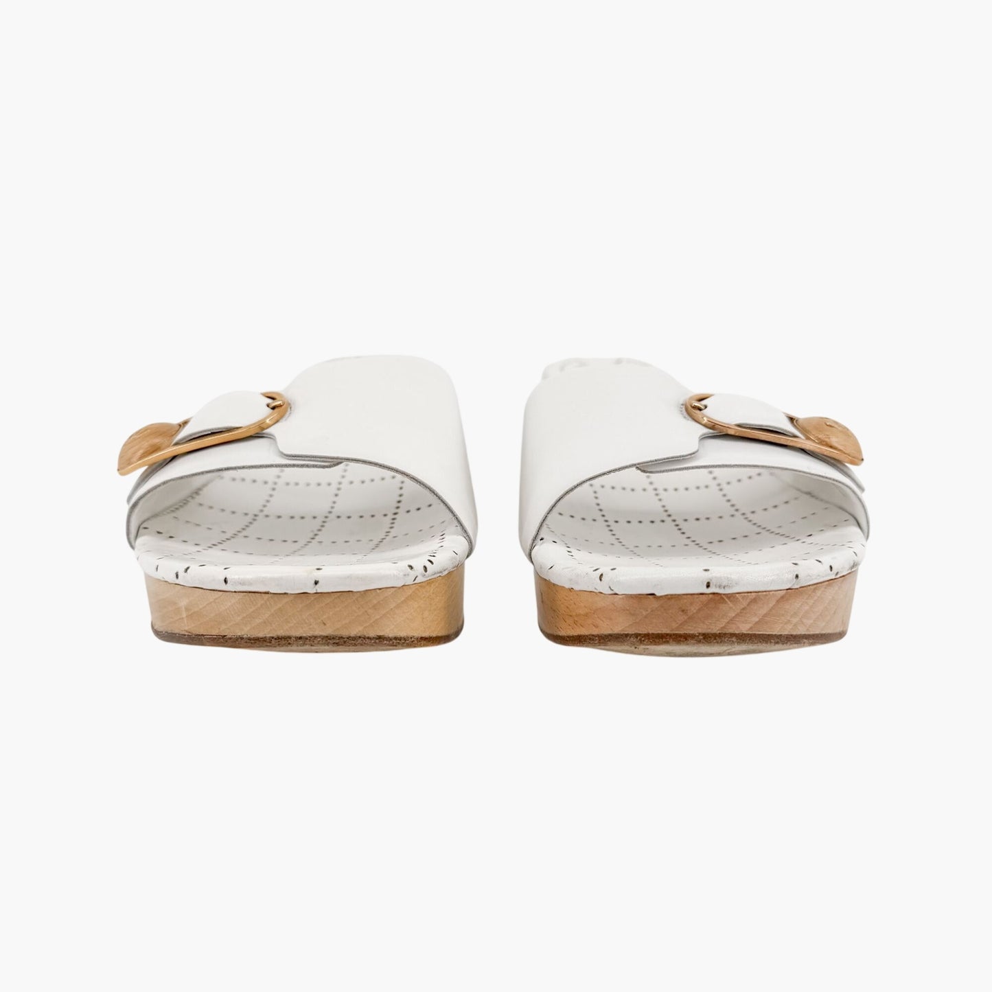 Chanel CC Wooden Platform Mule Sandals in White Leather Size 38