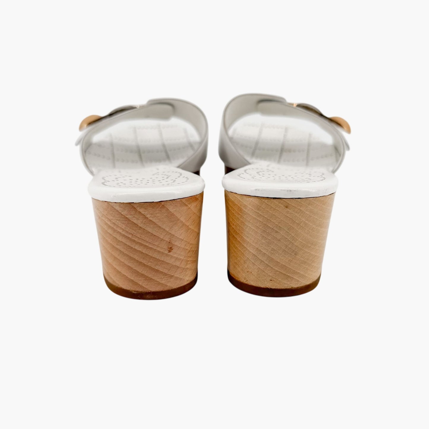 Chanel CC Wooden Platform Mule Sandals in White Leather Size 38