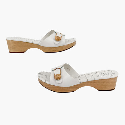 Chanel CC Wooden Platform Mule Sandals in White Leather Size 38