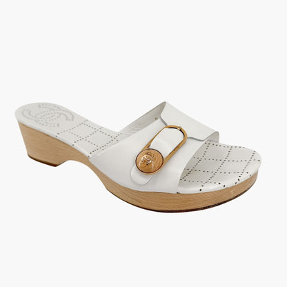 Chanel CC Wooden Platform Mule Sandals in White Leather Size 38