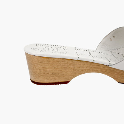 Chanel CC Wooden Platform Mule Sandals in White Leather Size 38
