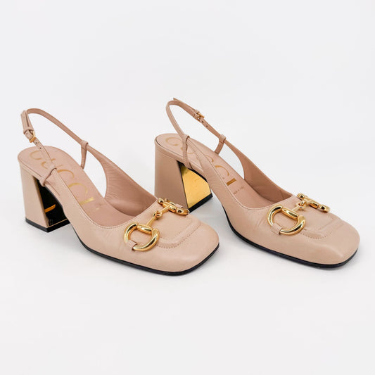 Gucci Baby Horsebit Slingback Pumps in Beige Leather – Size 37.5