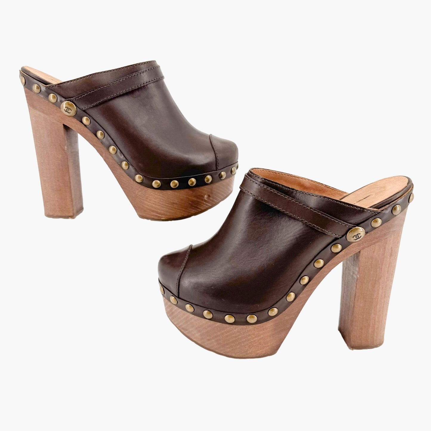 Chanel Block Heel Clog Mules in Brown Leather Size 39