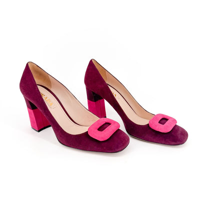 Prada Two Tone Block Heel Pumps Maroon Magenta Size 38.5
