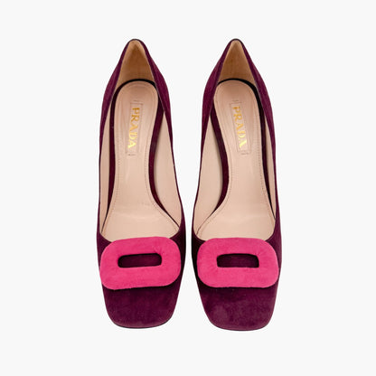 Prada Two Tone Block Heel Pumps Maroon Magenta Size 38.5